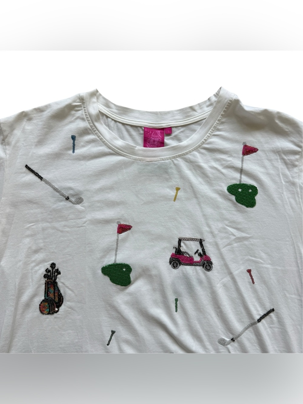 Queen of Sparkles Scatter Golf Icon Sequin Tee White Pink Oversized Shirt Size L - Picture 5 of 13